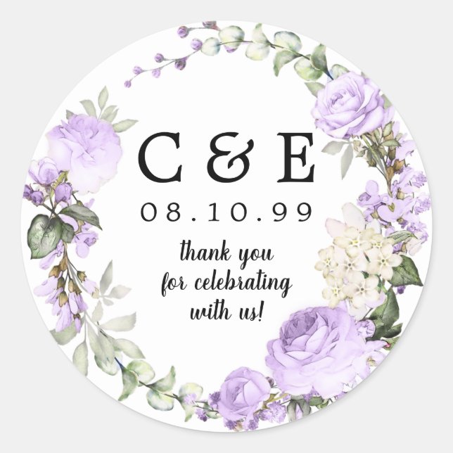 Sticker Rond Mariage violet Floral Monogramme Merci (Devant)