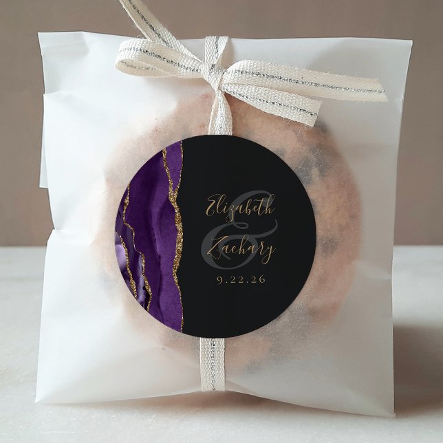 Sticker Rond Mariage Violet Or Foncé Agate Géode Script (Créateur téléchargé)