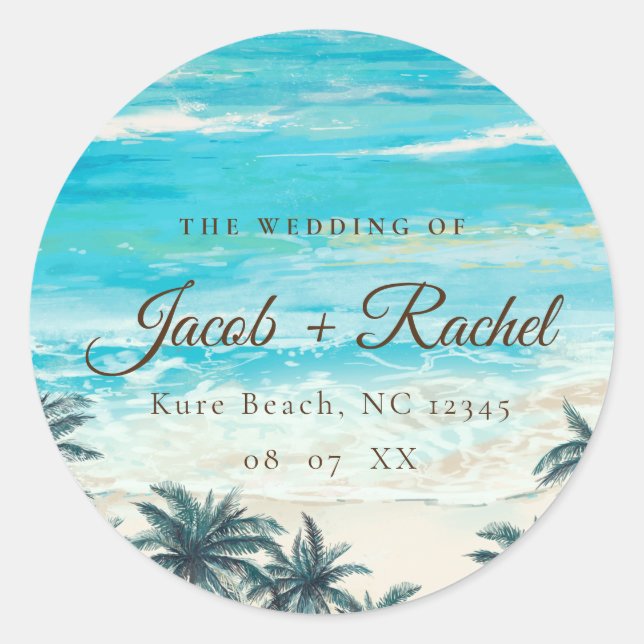 Sticker rond Mariage Watercolor Beach Blue Ocean (Devant)
