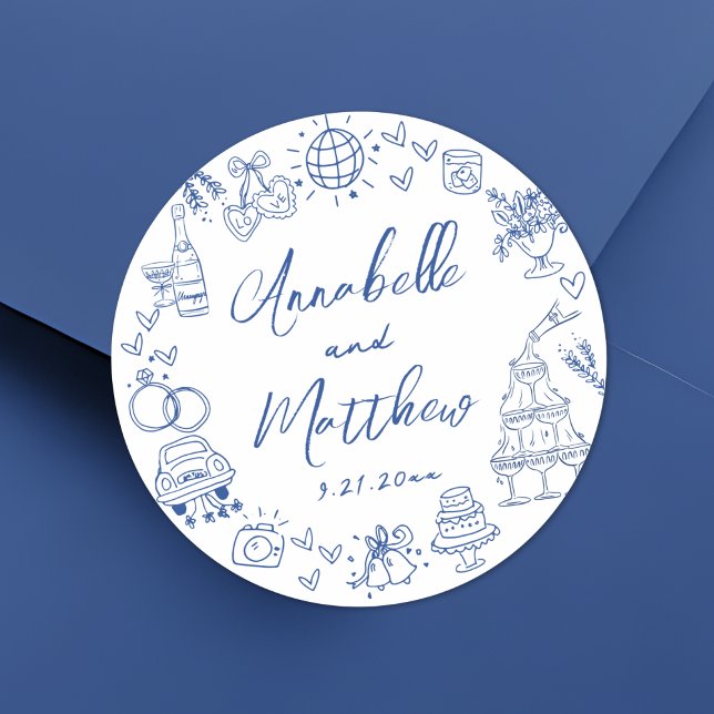 Sticker Rond Mariage Whimsical Bleu Dessiné À La Main (Quirky Hand Drawn Blue Whimsical Wedding Classic Round Sticker)