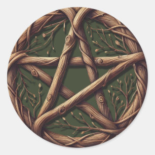 Sticker Rond Mariage Wiccan vert Olive Twig Pentacle bois