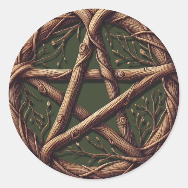 Sticker Rond Mariage Wiccan vert Olive Twig Pentacle bois (Devant)