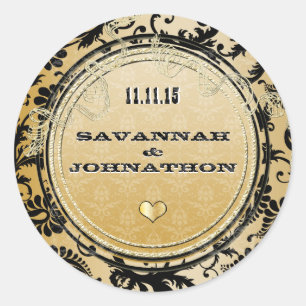Sticker Rond Mariages musicaux Black & Gold Vintage Damask