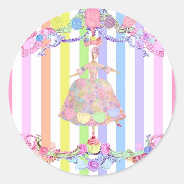 Sticker Rond Marie Antoinette bonbons rayures pastels français (Devant)