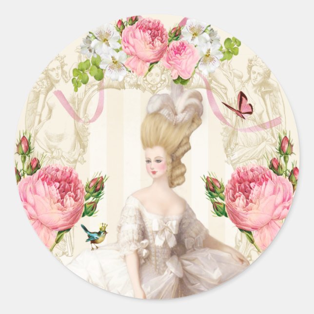 Sticker Rond Marie Antoinette White Dress& Pink Roses (Devant)