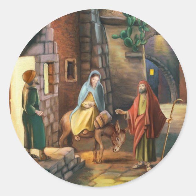 Sticker Rond Marie et Joseph avec un âne le soir de Noël (Devant)