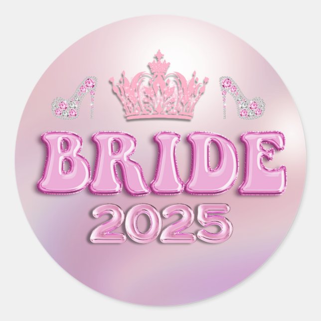 Sticker Rond mariée 2025 couronne rose rétro écriture fun métal (Devant)