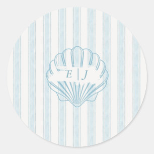 Sticker Rond Mariée Coquillage Marin Époux Initial Bleu