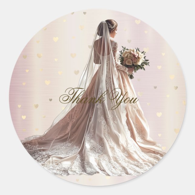 Sticker Rond Mariée d'hiver rose Golden Shiny Hearts (Devant)