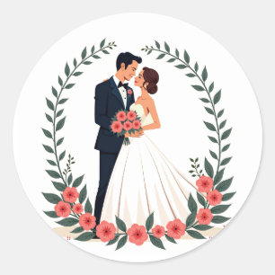 Sticker Rond Mariée et Marié avec Anneau Floral