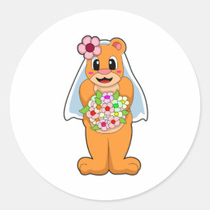Sticker Rond Mariée ours avec des fleurs