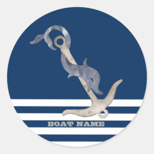 Sticker Rond Marin Ancre Naútíque Dauphín Bleu Marine Rayé