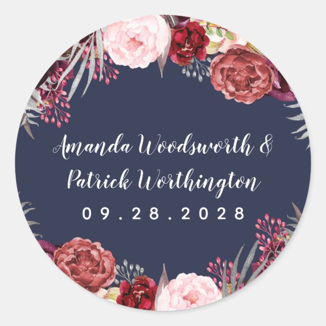 Sticker Rond Marine Automne Marsala Blush rose Peony Mariage Fa (Devant)