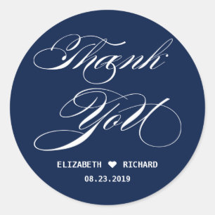 Sticker Rond Marine Bleu Élégant Script Merci Mariage Faveur