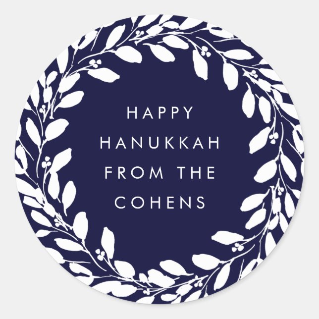 Sticker Rond Marine Bleu et Blanc Foliage Wreath Happy Hanoukka (Devant)