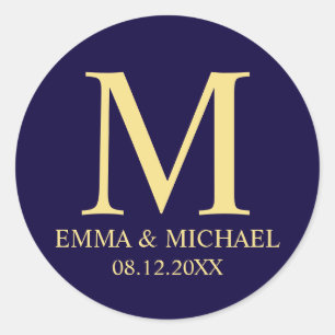 Sticker Rond Marine Bleu et or Élégant Monogramme Mariage Faveu