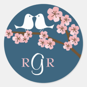 Sticker Rond Marine Bleu et rose cerisier Fleur Printemps Maria