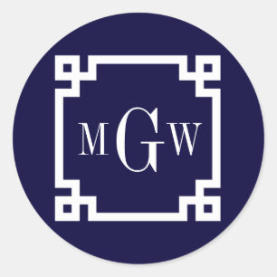 Sticker Rond Marine Bleu Gros Clé Grecque #2 Cadre 3 Init Monog