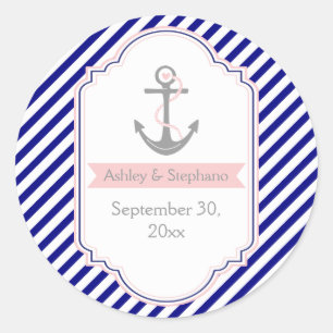 Sticker Rond Marine bleu, mariage nautique rose Enregistrer la 