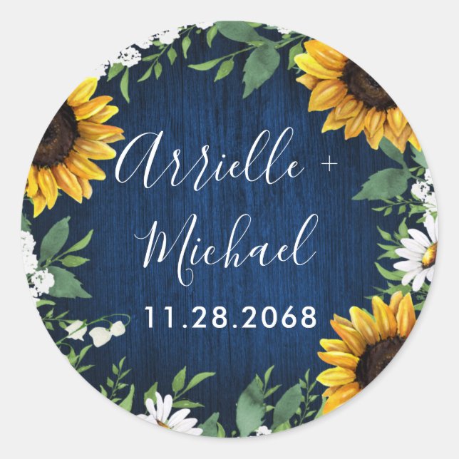 Sticker Rond Marine Bleu Tournesol Rustique Mariage Faveur (Devant)