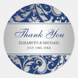 Sticker Rond Marine Blue Argent Damask Frotte Mariage Merci