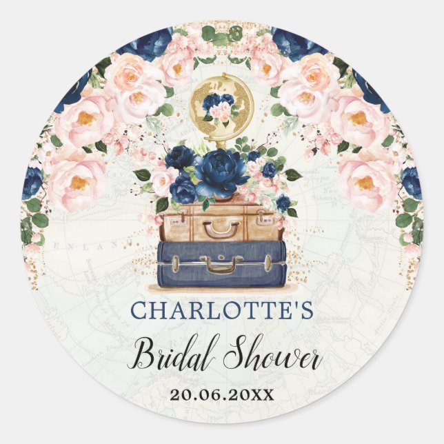 Sticker Rond Marine Blue Blush Floral Voyage Fête des mariées F (Devant)