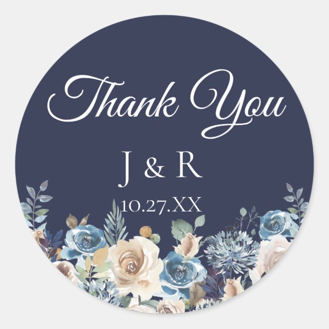 Sticker Rond Marine Blue Champagne Floral Faveur personnalisée (Devant)