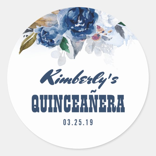 Sticker Rond Marine Blue Floral Quinceañera 15e anniversaire (Devant)