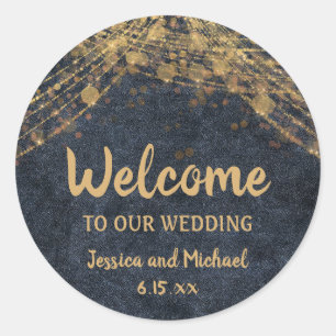 Sticker Rond Marine Blue Gold String Lumières Mariage Bienvenue