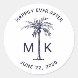 Sticker Rond Marine Blue Palm Tree Monogramme Mariage tropical