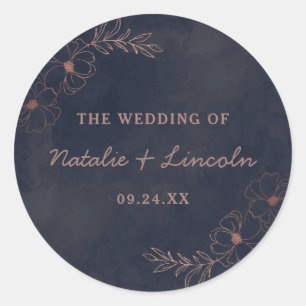 Sticker Rond Marine Blue & Rose Gold Foil Monogramme Rustique M