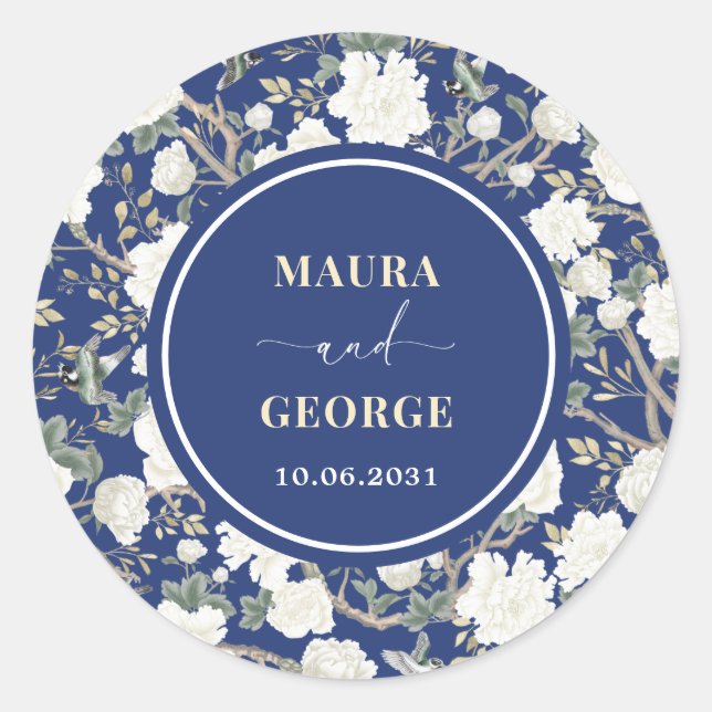 Sticker Rond Marine Blue White Chinoiserie Floral Birds Mariage (Devant)
