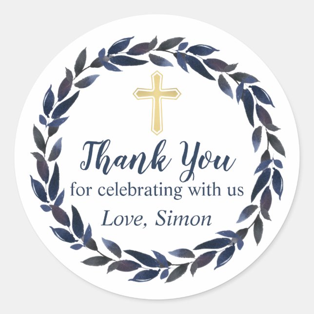 Sticker Rond Marine Blue Wreath Gold Communion Merci (Devant)