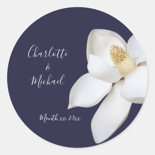 Sticker Rond Marine et Magnolia Blanche Mariage élégant (Devant)