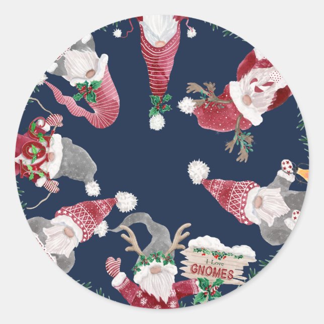 Sticker Rond Marine Gnomes Noël Aquarelle Holly Foliage (Devant)