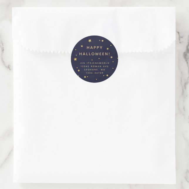 Sticker Rond Marine + Gold Stars Texte/Adresse personnalisés (Sac)