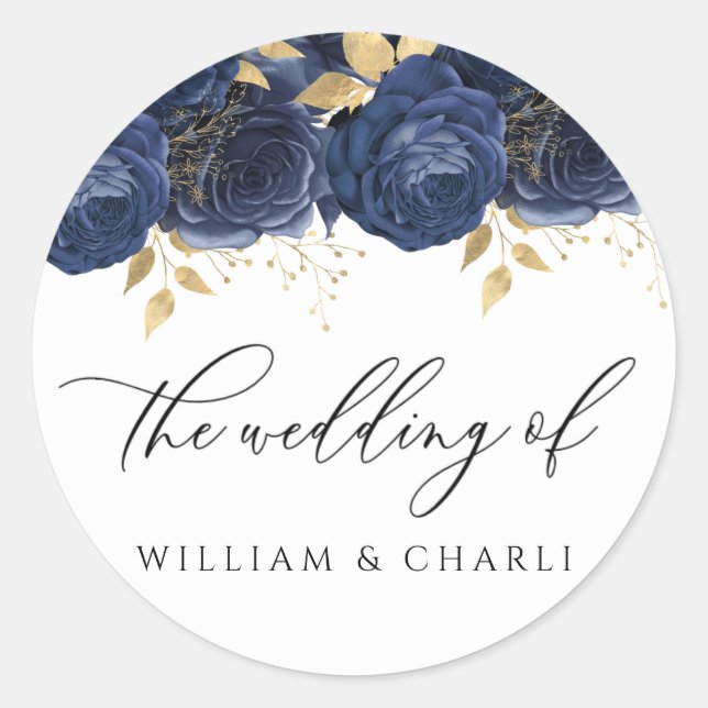 Sticker Rond Marine Indigo Blue & Gold Floral Mariage (Devant)
