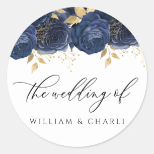 Sticker Rond Marine Indigo Blue & Gold Floral Mariage