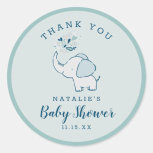 Sticker Rond Marine & Mint Cute Elephant Baby shower Merci