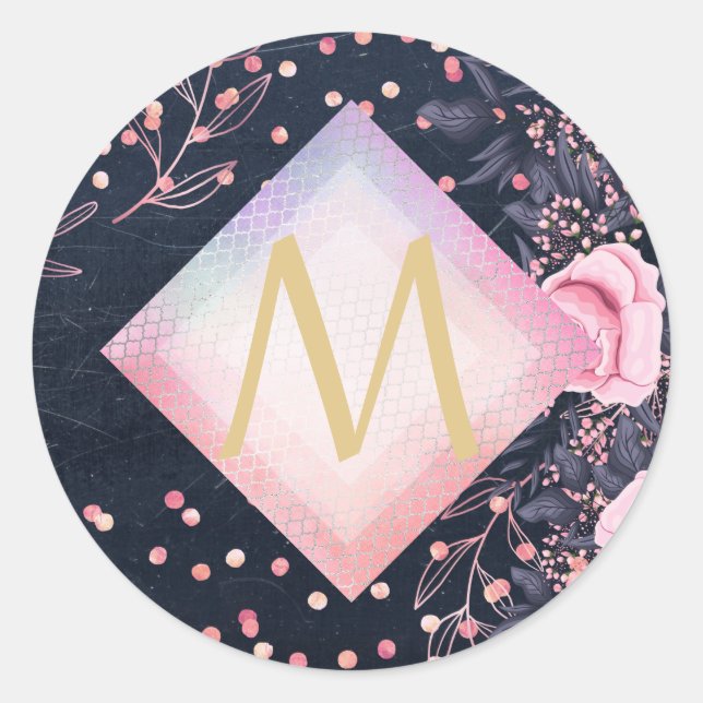 Sticker Rond Marine Rosegold Cadeaux Monogramme Girl Floral Ros (Devant)