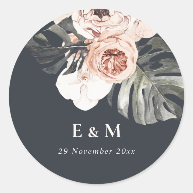 STICKER ROND MARINE RUST MONSTERA PEONY MARIAGE MONOGRAMME FLOR (Devant)