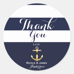 Sticker Rond Marine White & Gold Ancre Nautical Stripe Favorise