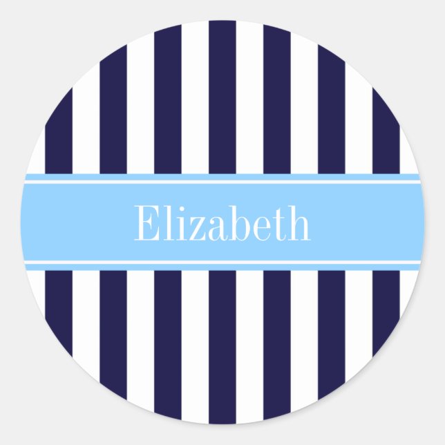 Sticker Rond Marine White Stripe Sky Blue Ribbon Nom Monogramme (Devant)