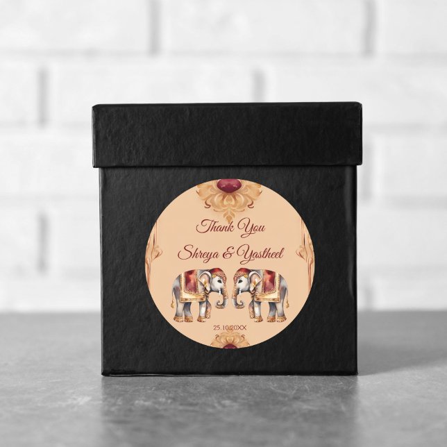 Sticker Rond Maroon beige mariage indien éléphants favoriser (Maroon beige Indian wedding elephants favor Sticker wedding thank you stickers Hindu wedding favors)