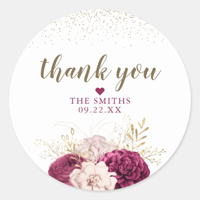 Sticker Rond Maroon Bourgogne Parties scintillant d'or Mariage  (Devant)