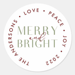 Sticker Rond Maroon Sage Merry et Bright Christmas Family