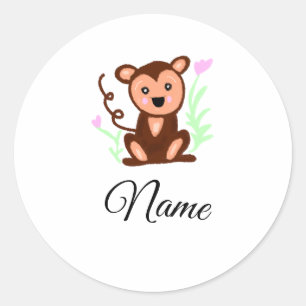 Sticker Rond marron aquarelle singe animal ajouter nom