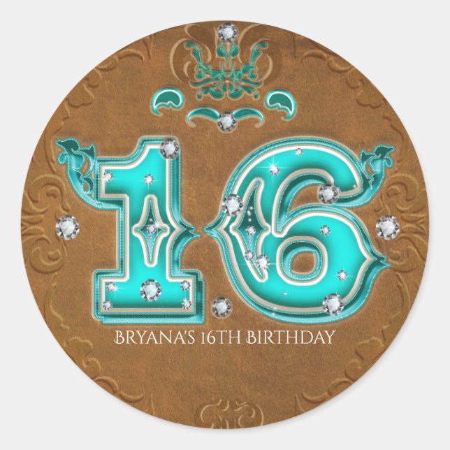 Sticker Rond Marron Rustique Occidental Faux Cuir Numéro 16 (Devant)