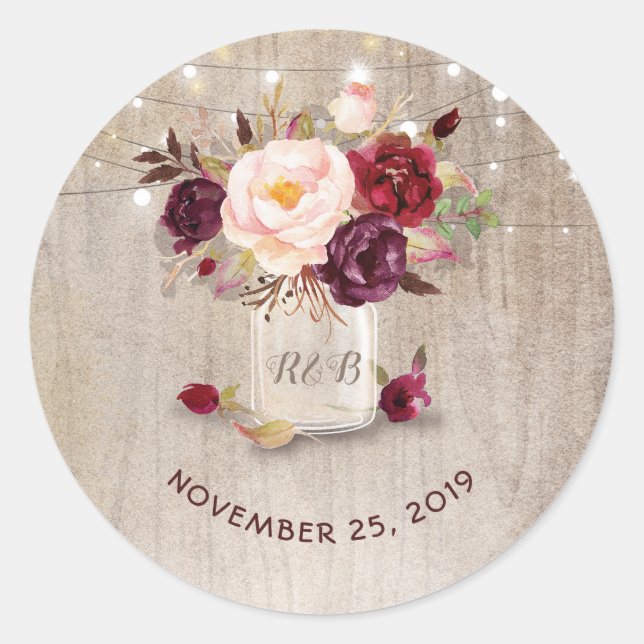 Sticker Rond Marsala Flowers Mason Jar Mariage rustique (Devant)