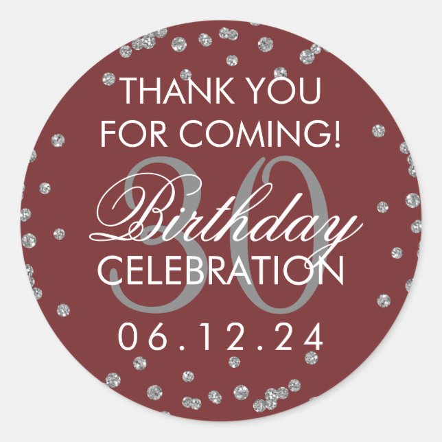 Sticker Rond Marsala Merci en argent 30e anniversaire Confetti (Devant)